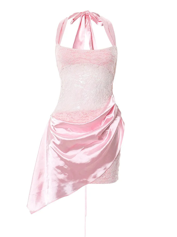 Satin mini dress with lace trim - Yovelia