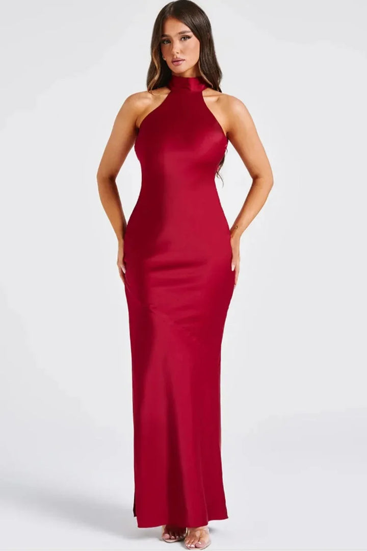 Maxi Satin Collar Dress with Slit Detail - Amari