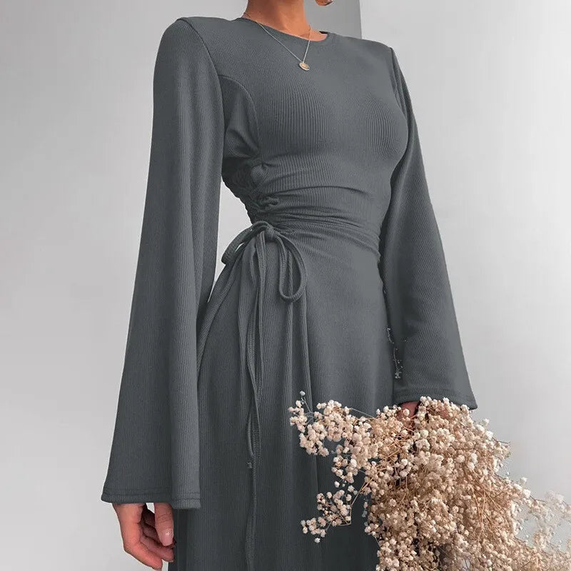 Modest knitted A-line maxi dress with waist ties - Liri