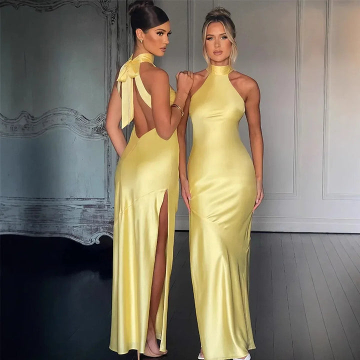 Maxi Satin Collar Dress with Slit Detail - Amari