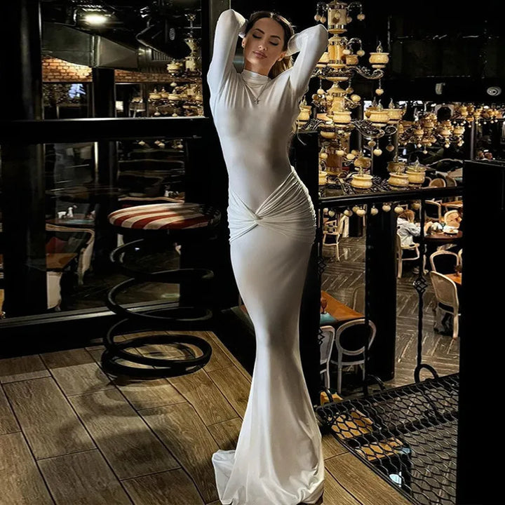 Turtleneck open-back maxi dress with ruching decoration - Ilayil