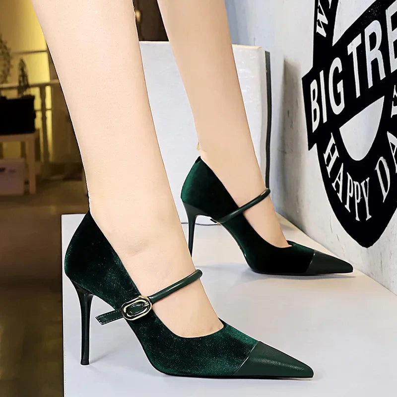 Pointed Heel Shoes with Velvet and Faux Leather Buckle Decoration - Mabel