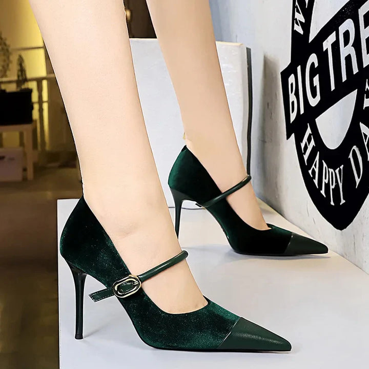 Pointed Heel Shoes with Velvet and Faux Leather Buckle Decoration - Mabel