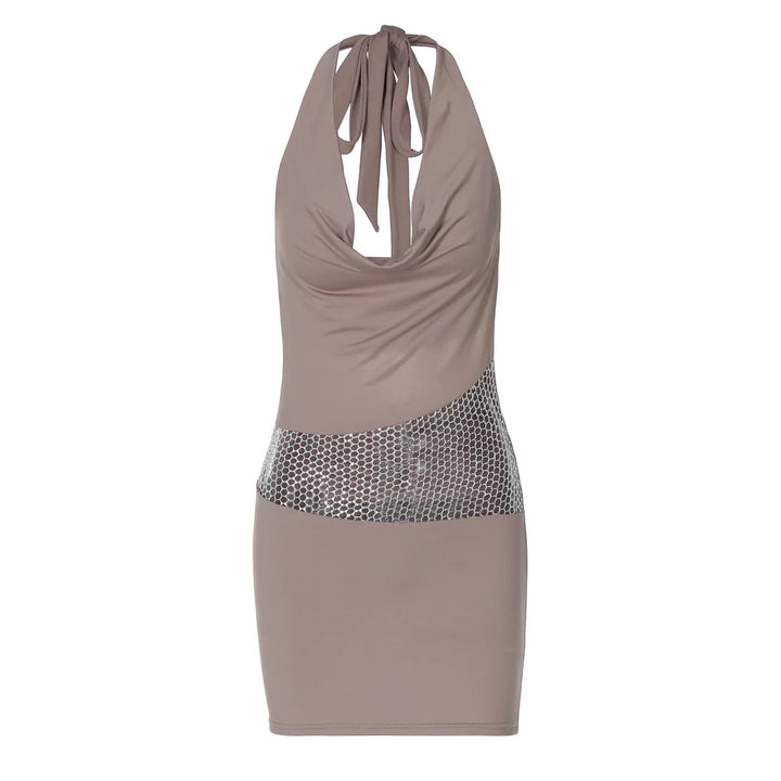 Mini Dress with Dropped Collar, Mesh, Sparkling Sequins, Ruching on Hips, and Neck Tie - Linda