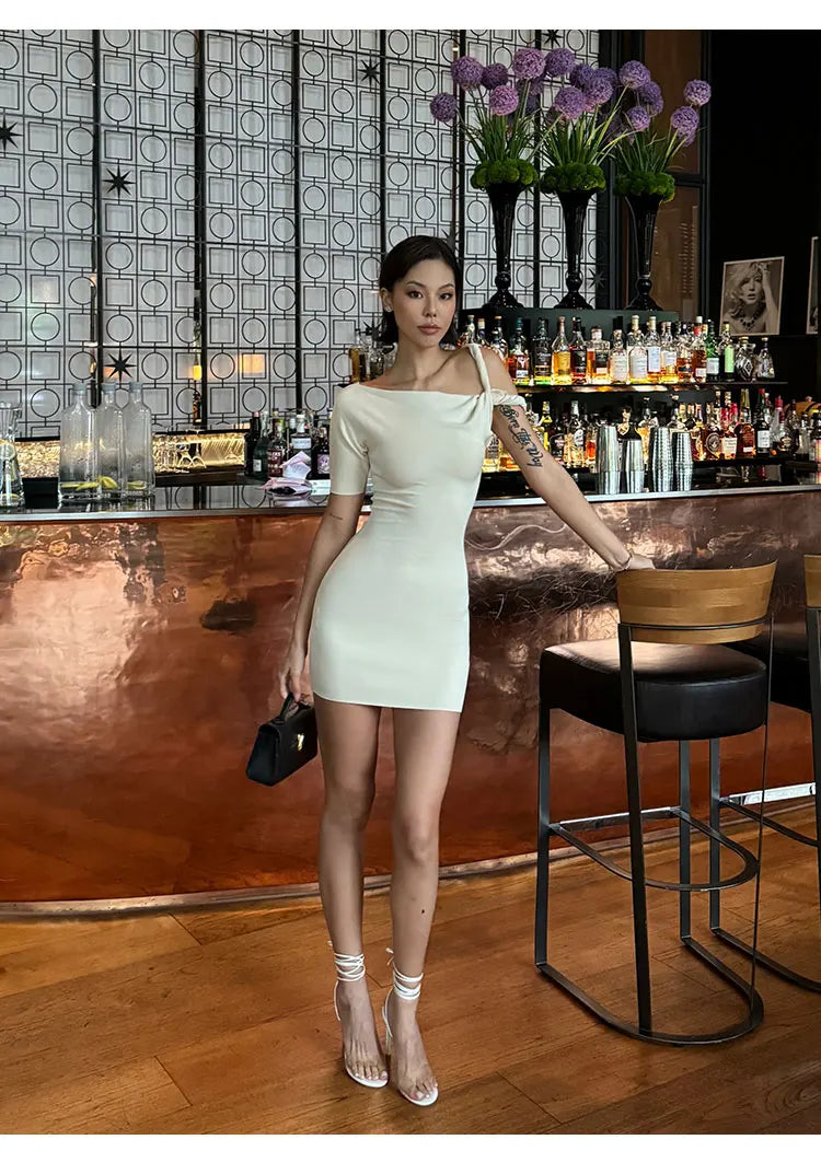 Fitted Mini Dress with Rolled Sleeve Design - KIKI