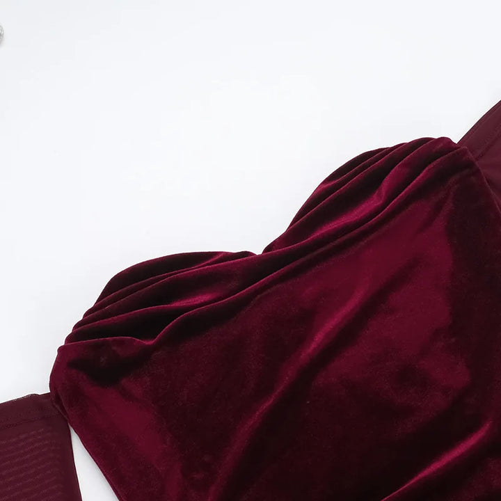 Velvet midi dress with pleats, off-shoulder, and mesh sleeves - Johanna