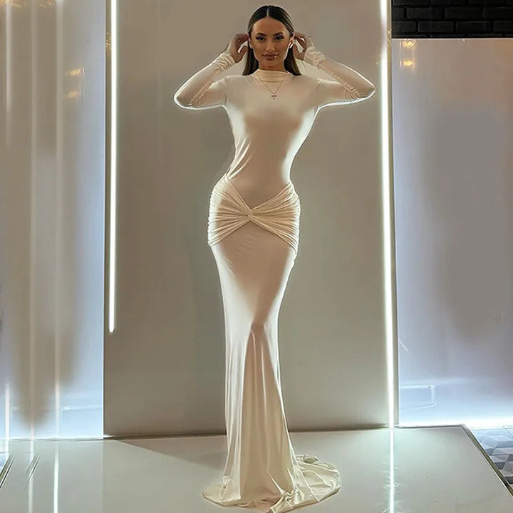 Turtleneck open-back maxi dress with ruching decoration - Ilayil