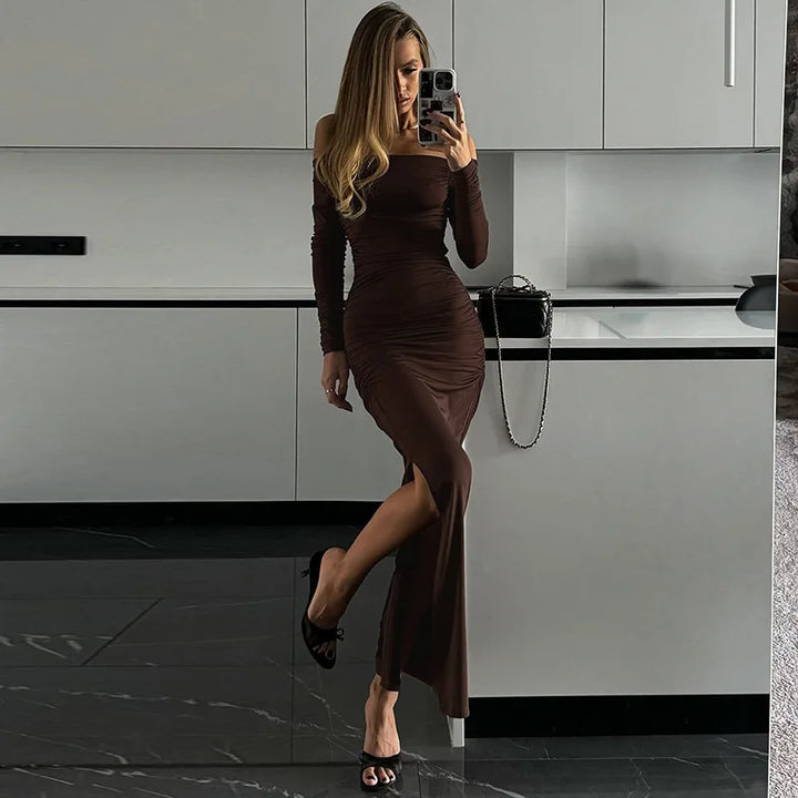 Maxi dress with ruching and slit decoration - MARINA