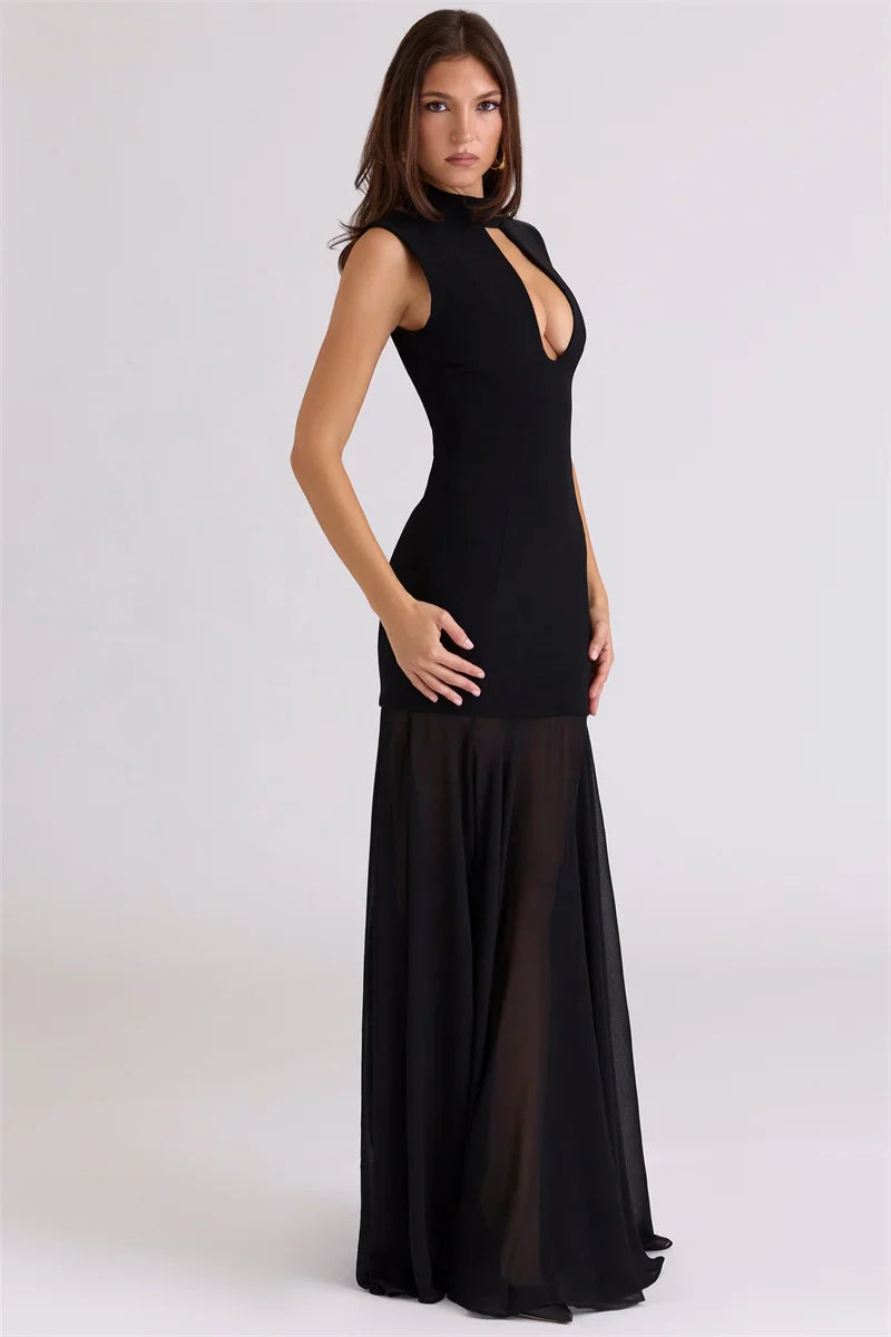 Maxi Dress with Collar and Chiffon Design - DARIA