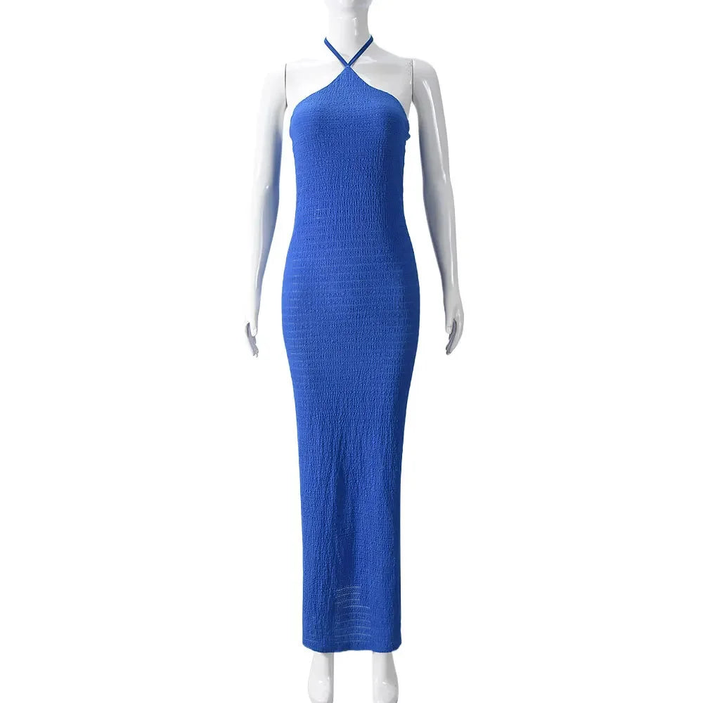 Knitted Maxi Dress with Collar, Ruching Fabric, Open Back - Miley