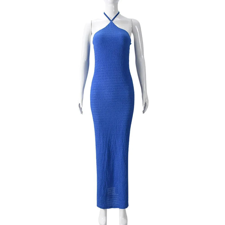 Knitted Maxi Dress with Collar, Ruching Fabric, Open Back - Miley