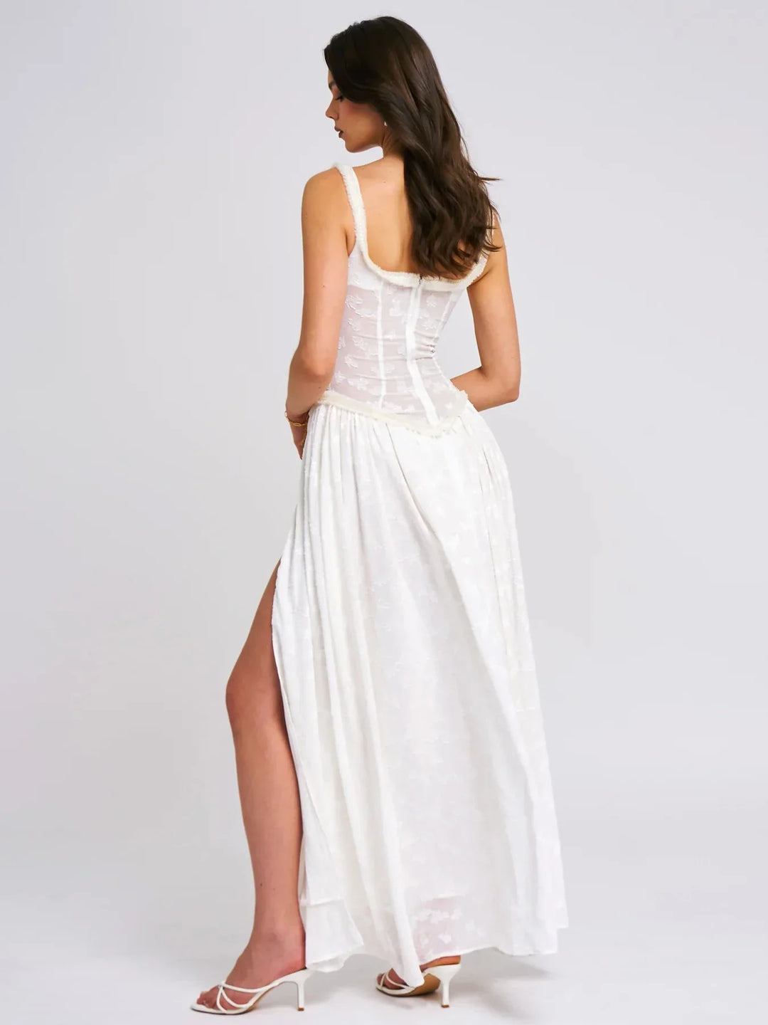 Chiffon Maxi Dress with Floral Embroidery, A-Line Cut, and Slit Design - Alejandra
