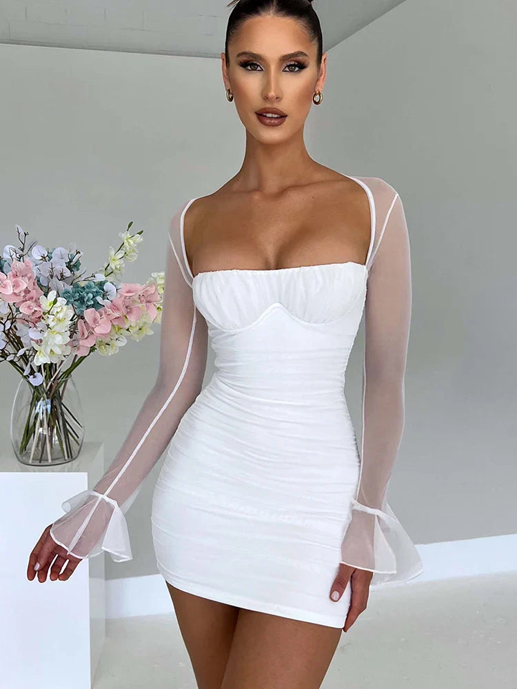 Ruched mini dress with open back and mesh sleeves - Ariana