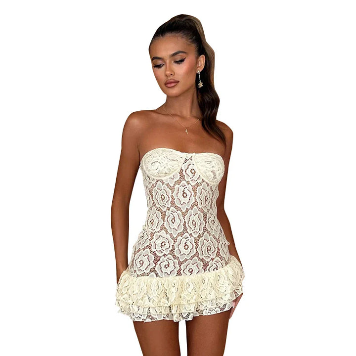 Strapless Lace Mini Dress with Ruffle - Cecelia