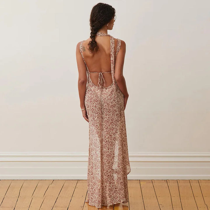 Floral Maxi Dress with Open Back, Slit, and Scarf - Elay