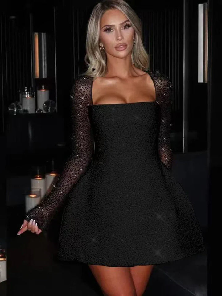 Mini Dress with Sparkling Sequin Embellishment, A-Line, and Mesh Sleeves - Skylar