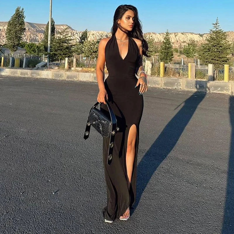 שמלת מקסי צמוד בצוואר בעיטור שסע - יעלה