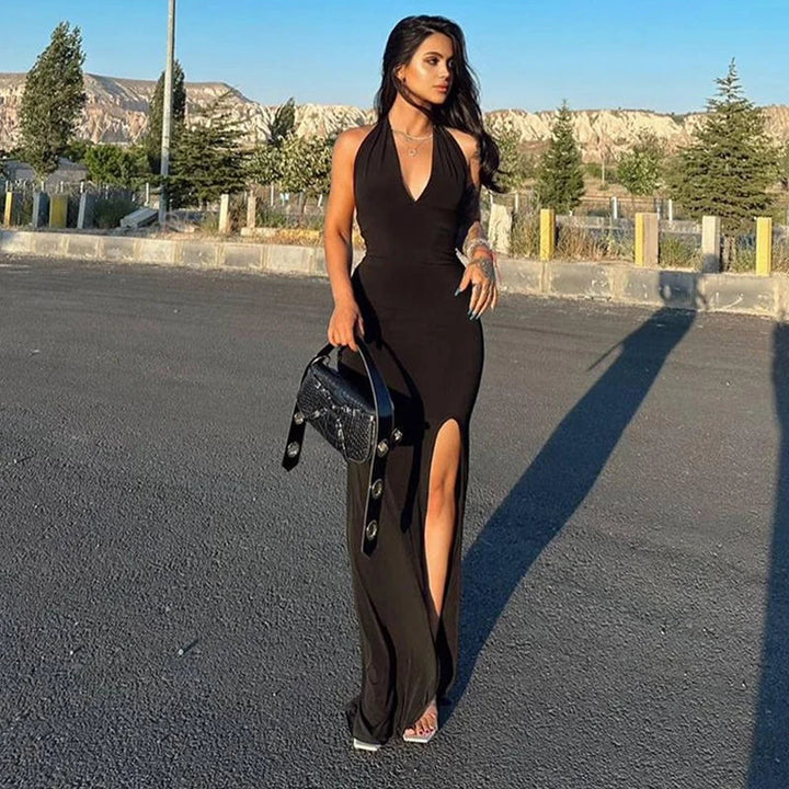 שמלת מקסי צמוד בצוואר בעיטור שסע - יעלה