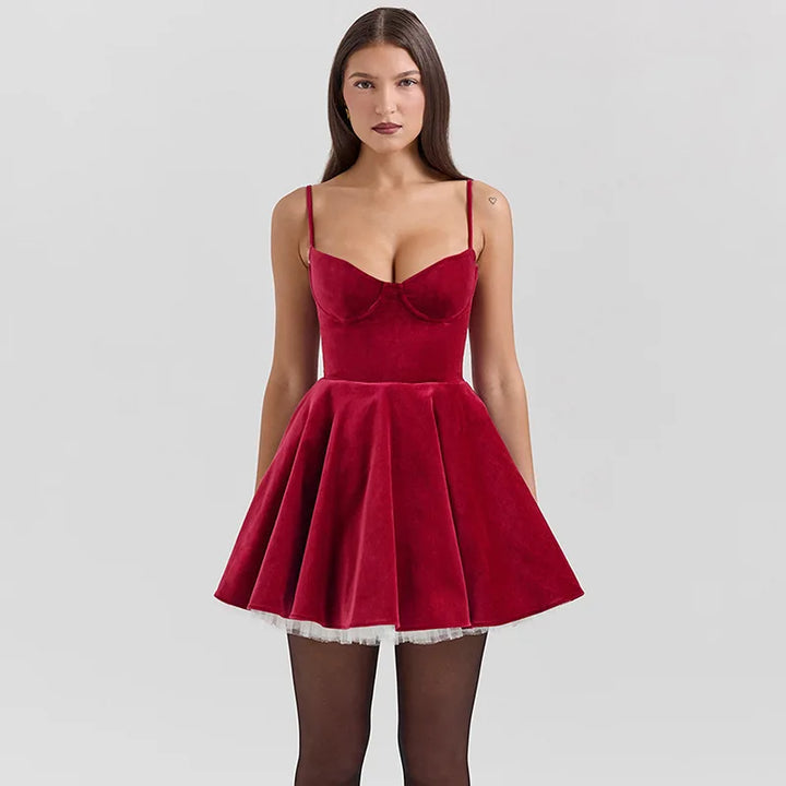 Velvet Ruffled Mini Dress with A-Line Cut - SOFIA