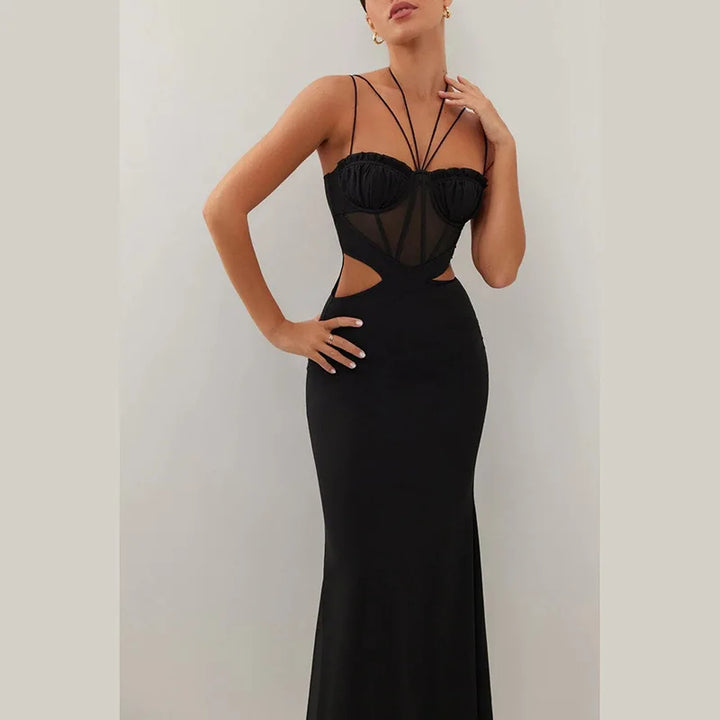 Maxi Evening Dress with Cutouts, Shirring, and Ties - Erica