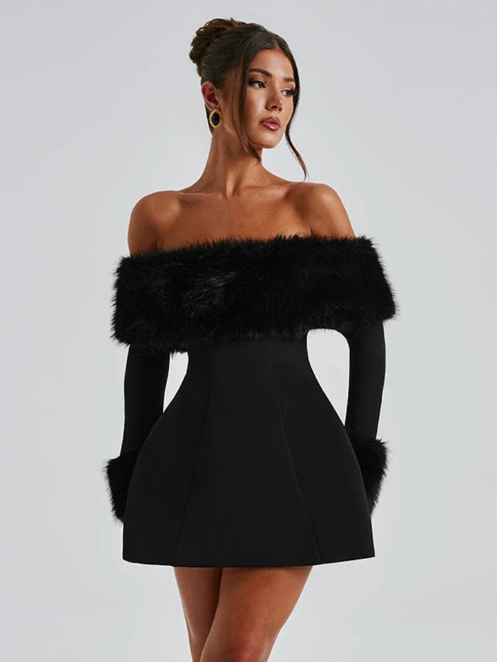 Off-shoulder A-line mini dress with feather fur detail - Ira