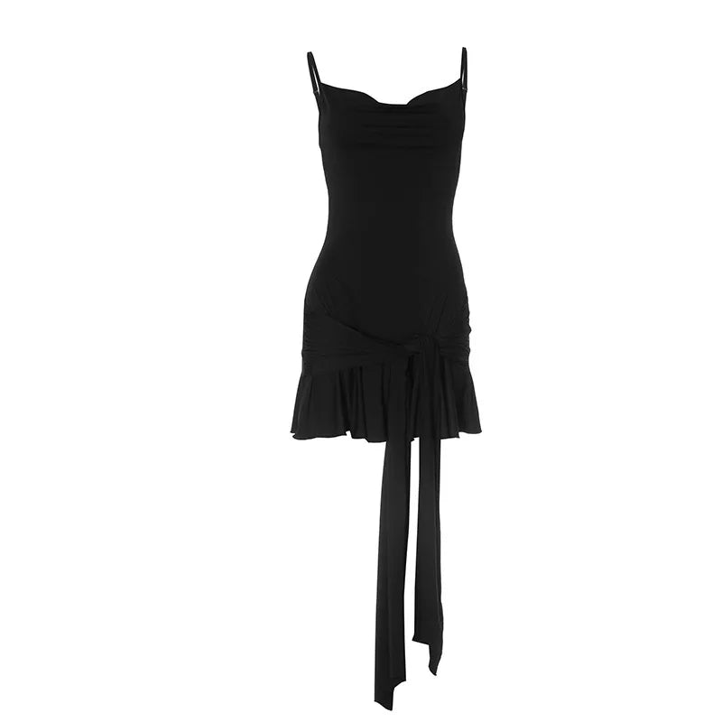 Ruffled Mini Dress with Spaghetti Strap Tie Detail - Selena