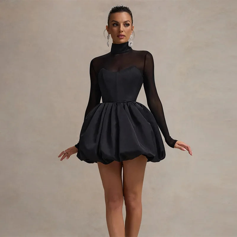 Balloon satin mini dress with mesh and half turtleneck design - Moran