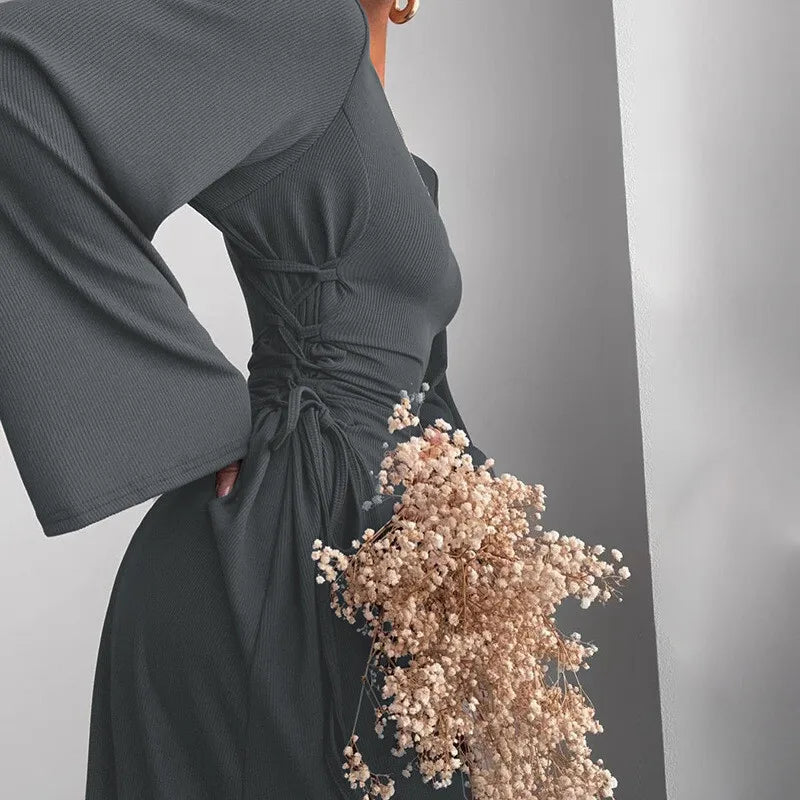 Modest knitted A-line maxi dress with waist ties - Liri