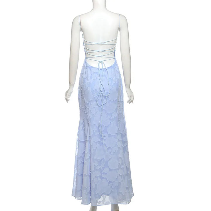 Maxi Chiffon Dress with Leaf Embroidery, Back Tie for Waist Fit - Mona Liz