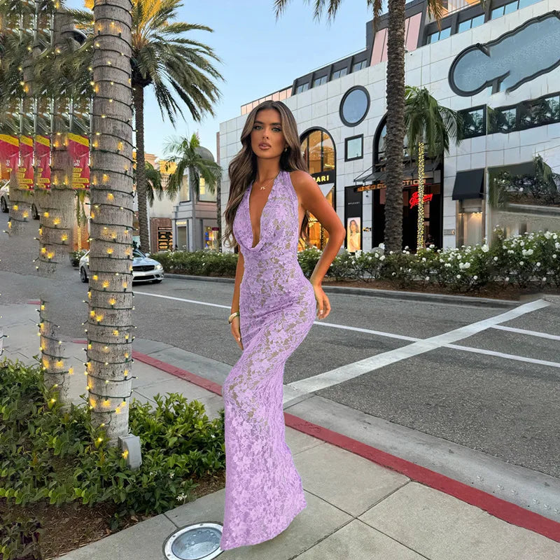 Lace Maxi Dress with Open Back and Draped Collar - Vanilia