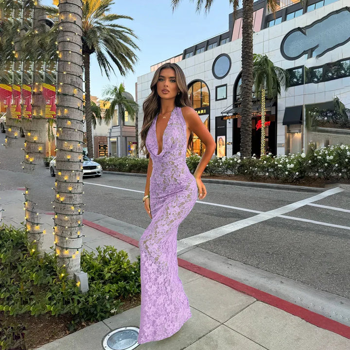 Lace Maxi Dress with Open Back and Draped Collar - Vanilia