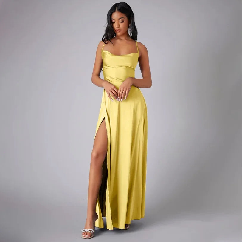 Maxi Satin Dress with Slit Detail and Back Tie - Leona