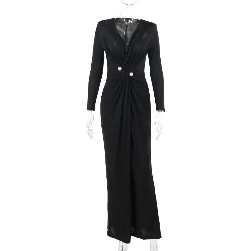 Maxi Wrap Evening Dress with Deep Slit and Pearl Detail