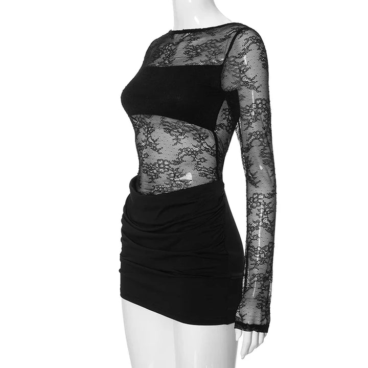 Mini lace dress with open back and pleated design - Tevel Or