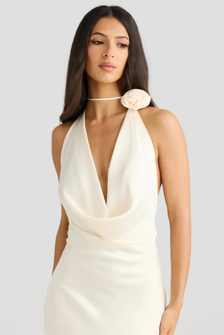 Satin Maxi Dress with Open Back and Draped Collar - Paula