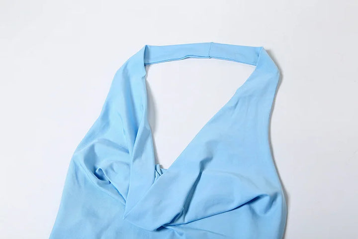 Maxi Dress with Draped Collar, Open Back, and Pearl Chain Detail - Camille