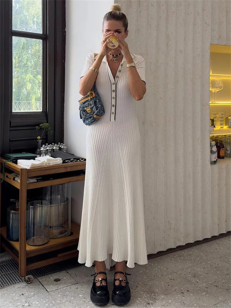 Knitted Maxi Dress with Elegant Design and Button Decoration - Ivanna
