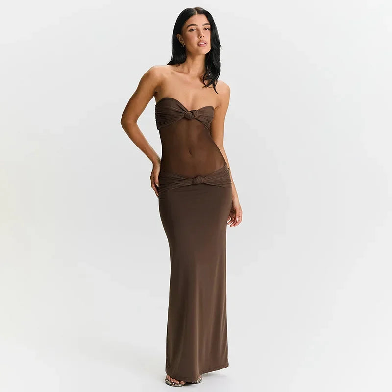 Maxi Dress with Removable Straps, Ruched and Mesh Design - Blair