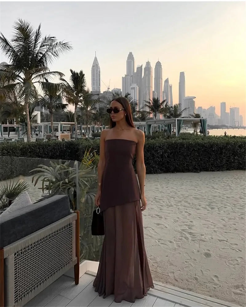Strapless Maxi Dress with Chiffon Bottom, Slit Design, and Matching Scarf Detail - Princess