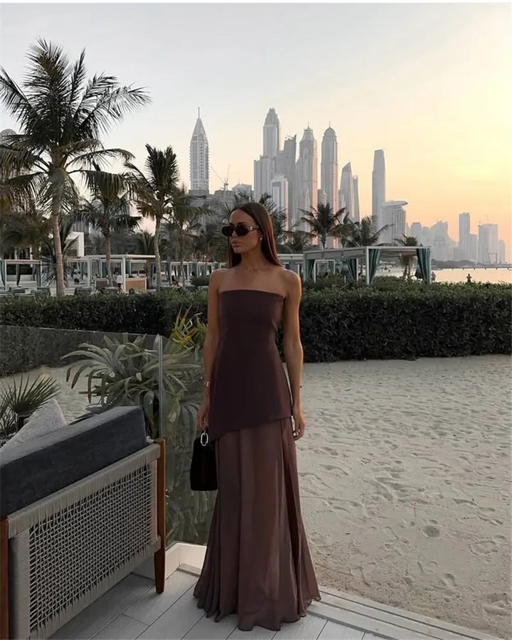 Strapless Maxi Dress with Chiffon Bottom, Slit Design, and Matching Scarf Detail - Princess