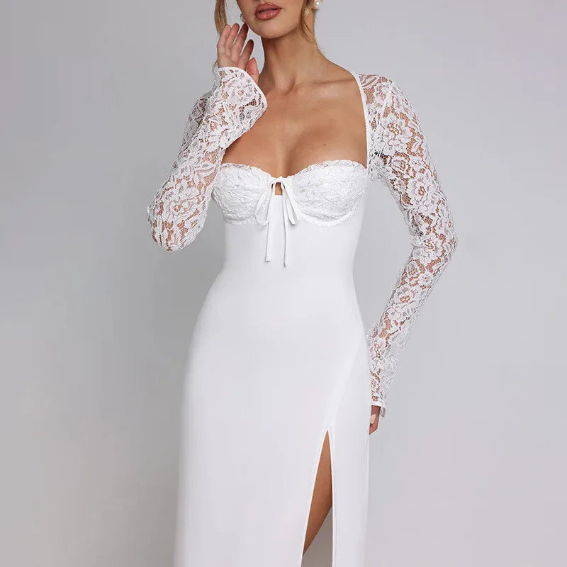 Maxi Dress with Slit and Lace Sleeves - Clarissa