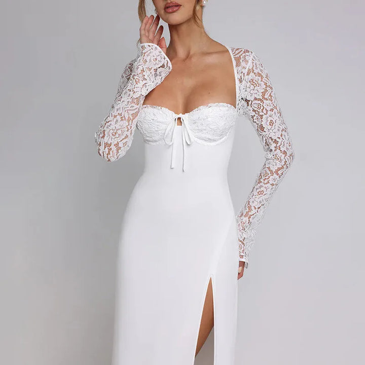 Maxi Dress with Slit and Lace Sleeves - Clarissa