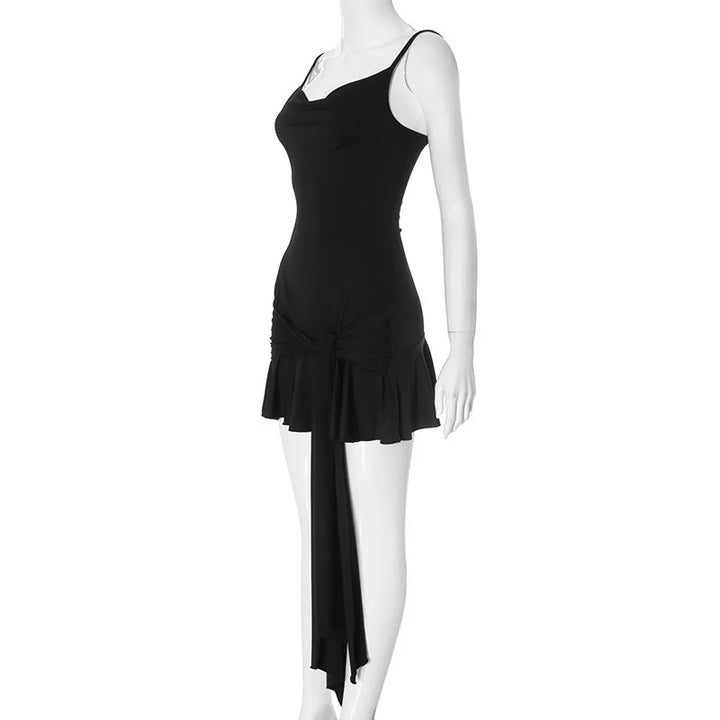 Ruffled Mini Dress with Spaghetti Strap Tie Detail - Selena
