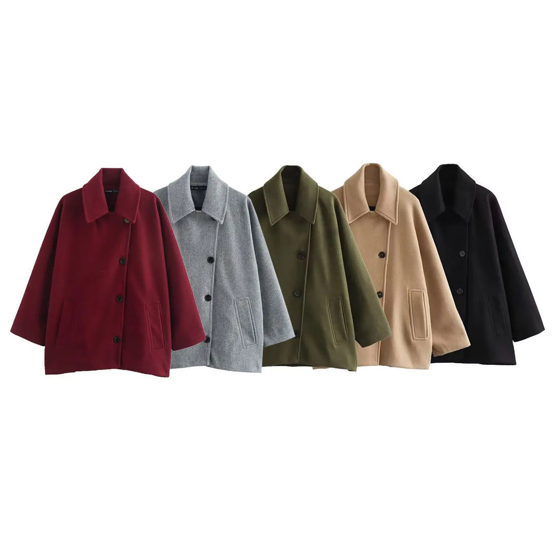 Oversized Wool Coat with Asymmetric Button Closure and Polo Collar - Hollandia