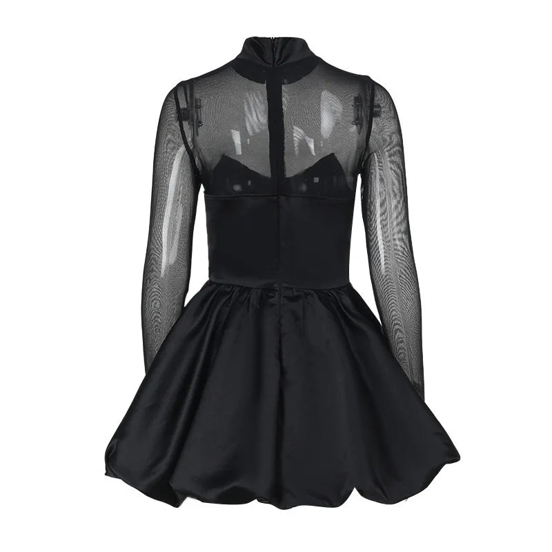 Balloon satin mini dress with mesh and half turtleneck design - Moran