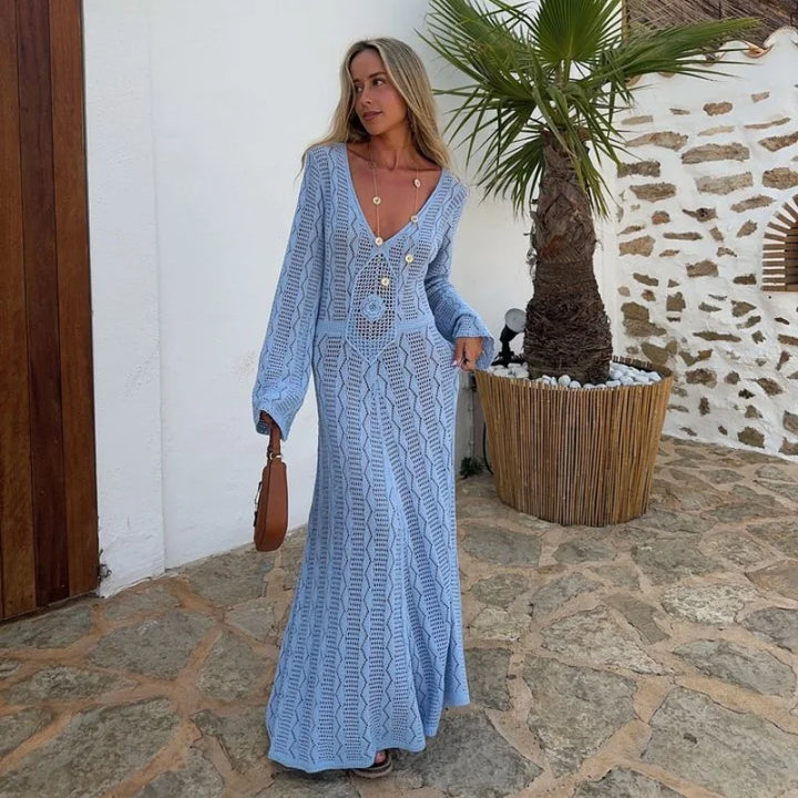 Knitted Maxi Beach Dress with Flower Decoration - Beatrice