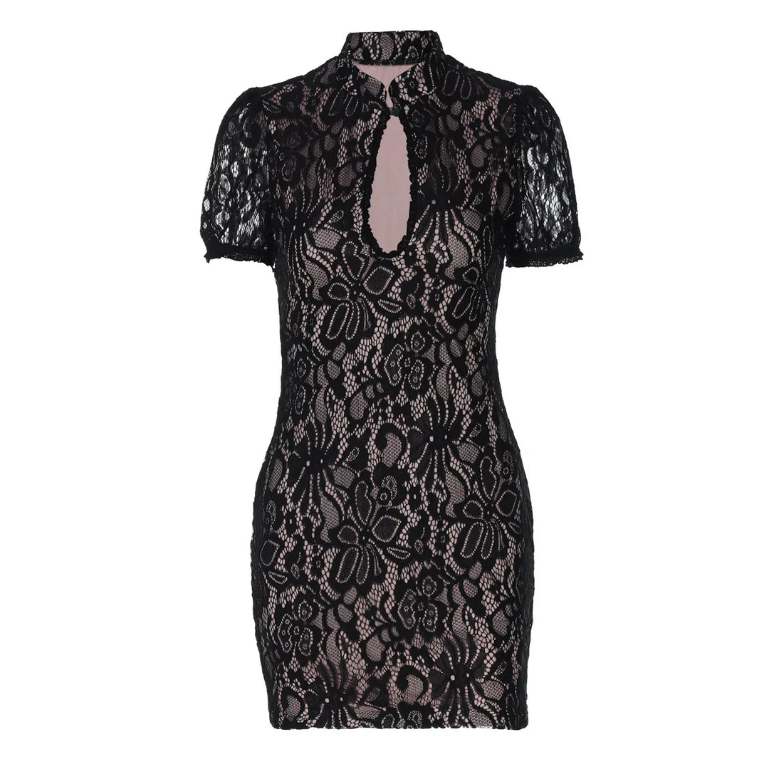 Lace mini dress with turtleneck collar and button decoration - Kimora