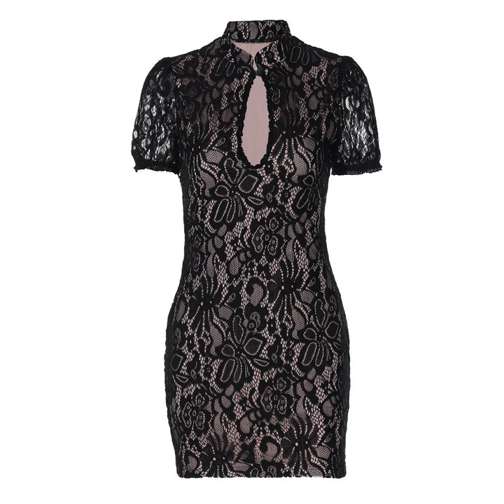 Lace mini dress with turtleneck collar and button decoration - Kimora