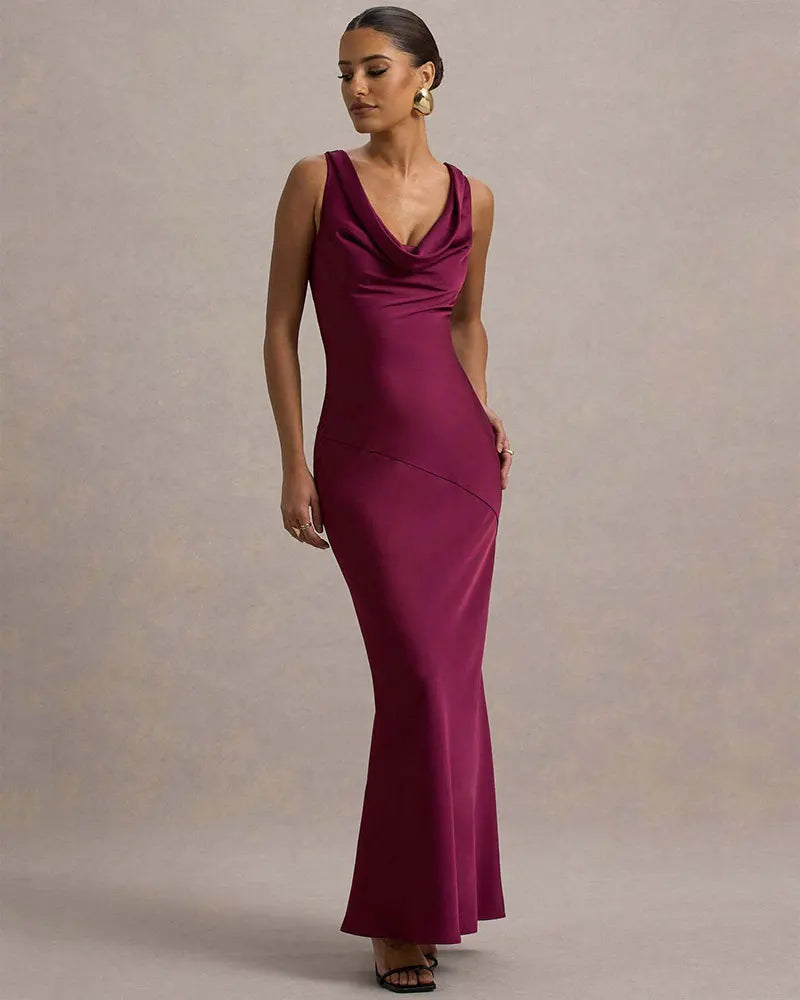Maxi satin dress with draped collar and open back - Alexis