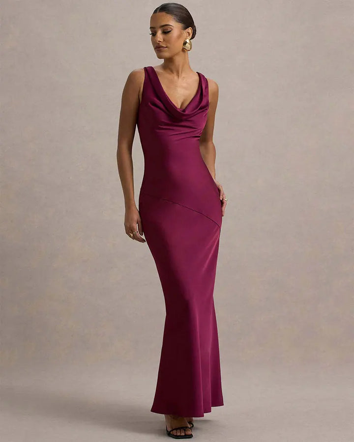 Maxi satin dress with draped collar and open back - Alexis